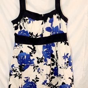 Corey P White and Blue Floral Dress with Black trim and waist.